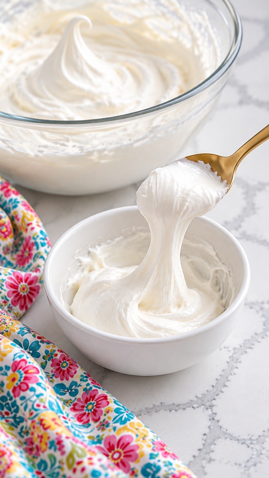 Softened marshmallow creme in a small bowl, ready to cool before adding to whipped cream.