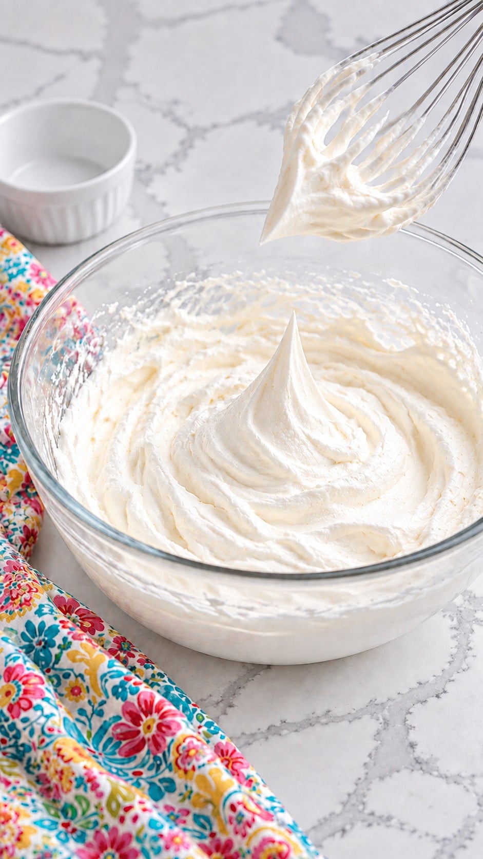 Stabilized whipped cream holding an upright stiff peak on a whisk.