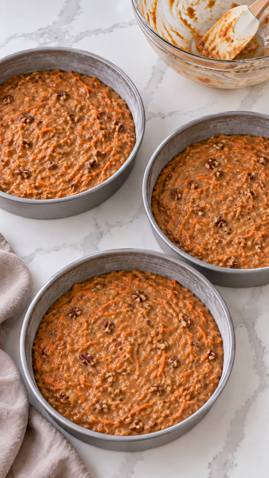 Carrot cake batter divided evenly among three prepared round cake pans.