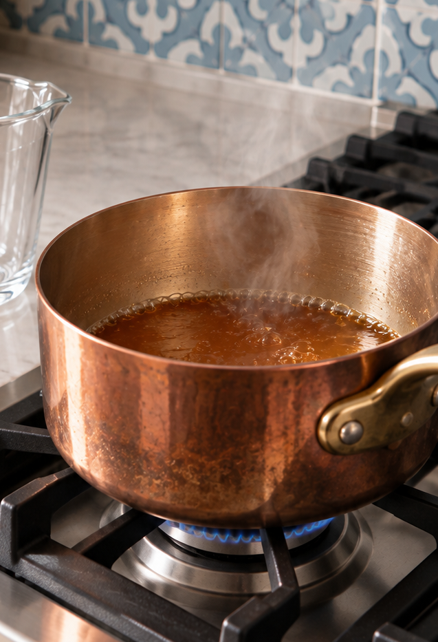 Apple cider simmering in a copper saucepan until reduced to three-quarters cup.