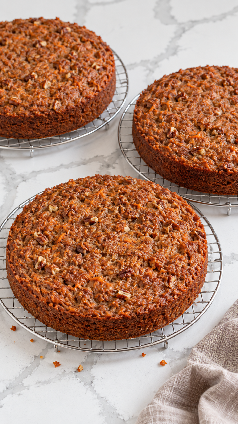 Three baked carrot cake layers cooling on wire racks.