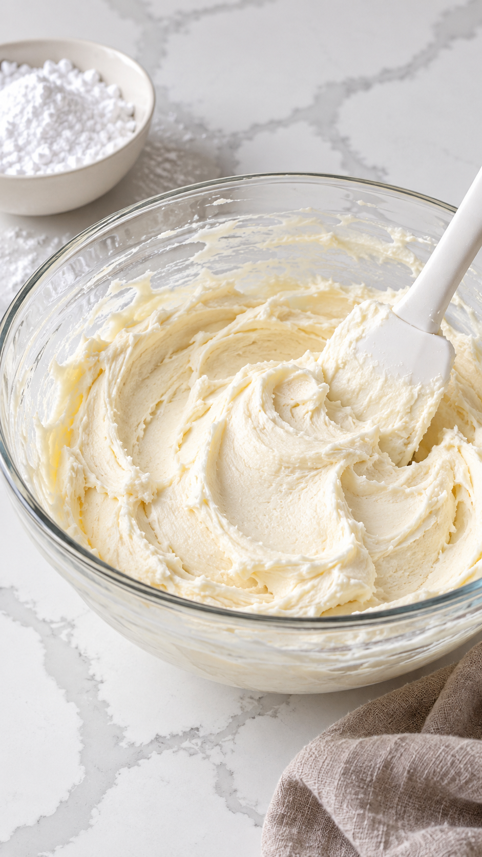 Cream cheese frosting mixed until spreadable in a glass bowl.