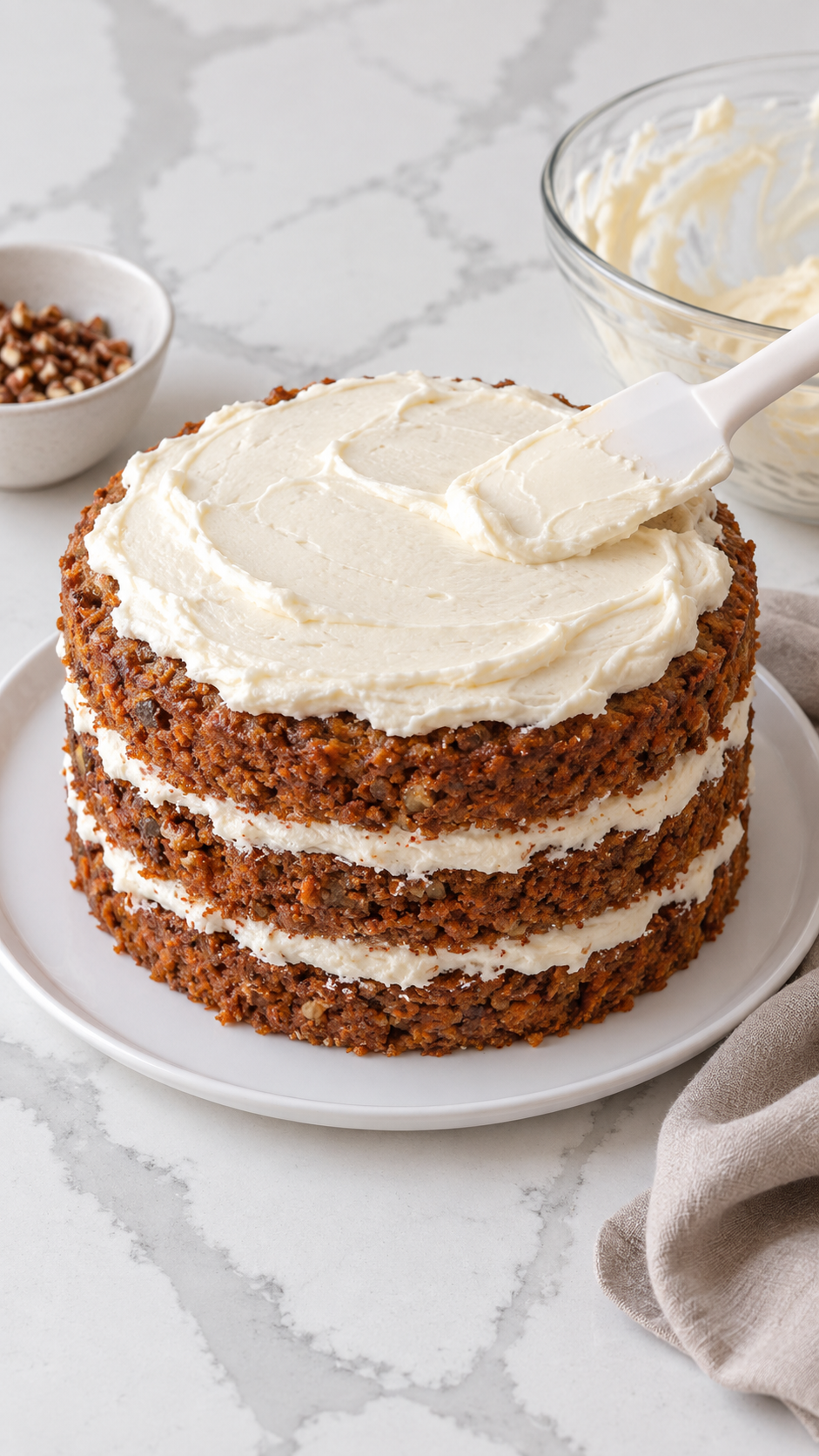 Three carrot cake layers stacked with cream cheese frosting before coating the sides.