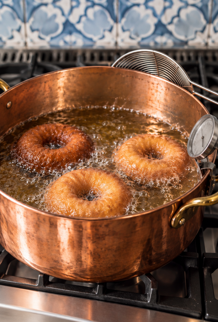 Three sour cream apple cider donuts frying in hot oil on the stovetop.