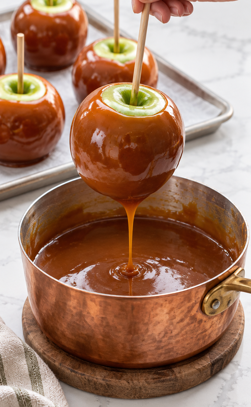 Dip and drain for homemade caramel apples