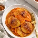 Serving of sweet potato apple bake with tender slices and lightly thickened juices