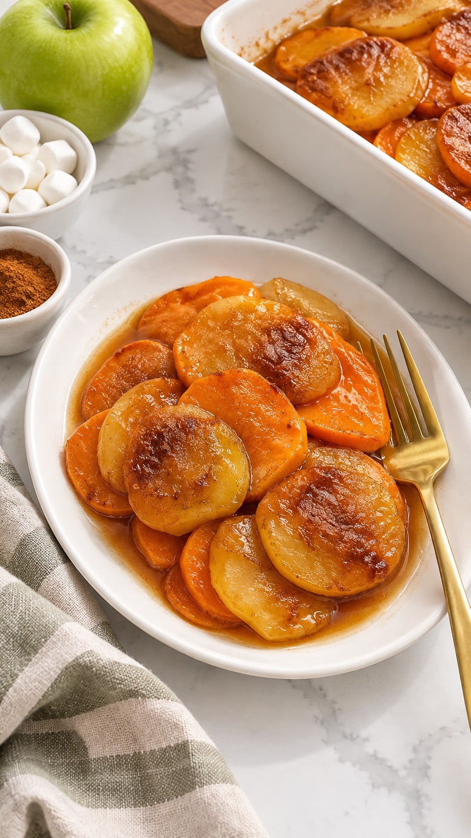 Serving of sweet potato apple bake with tender slices and lightly thickened juices