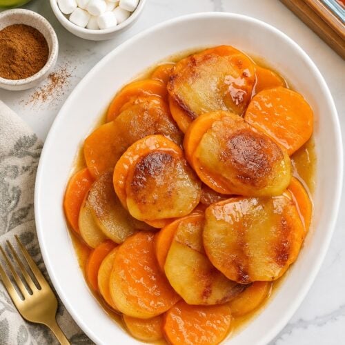 Sweet potato apple bake with tender slices in cinnamon-butter juices on a white plate