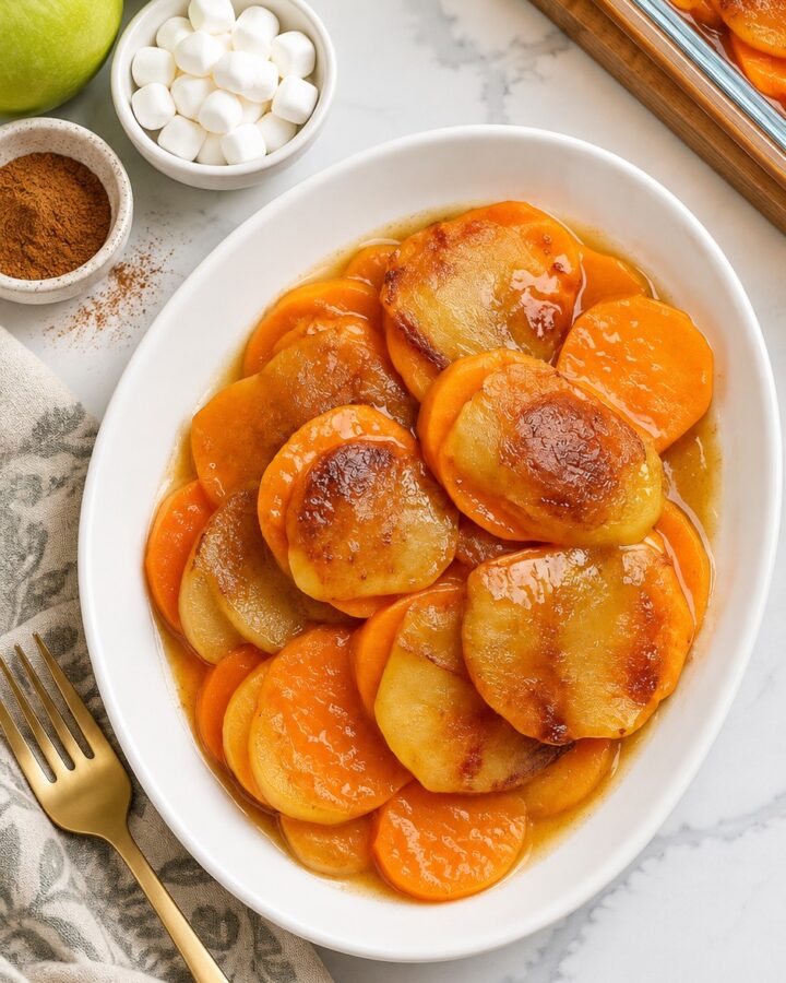 Sweet potato apple bake with tender slices in cinnamon-butter juices on a white plate