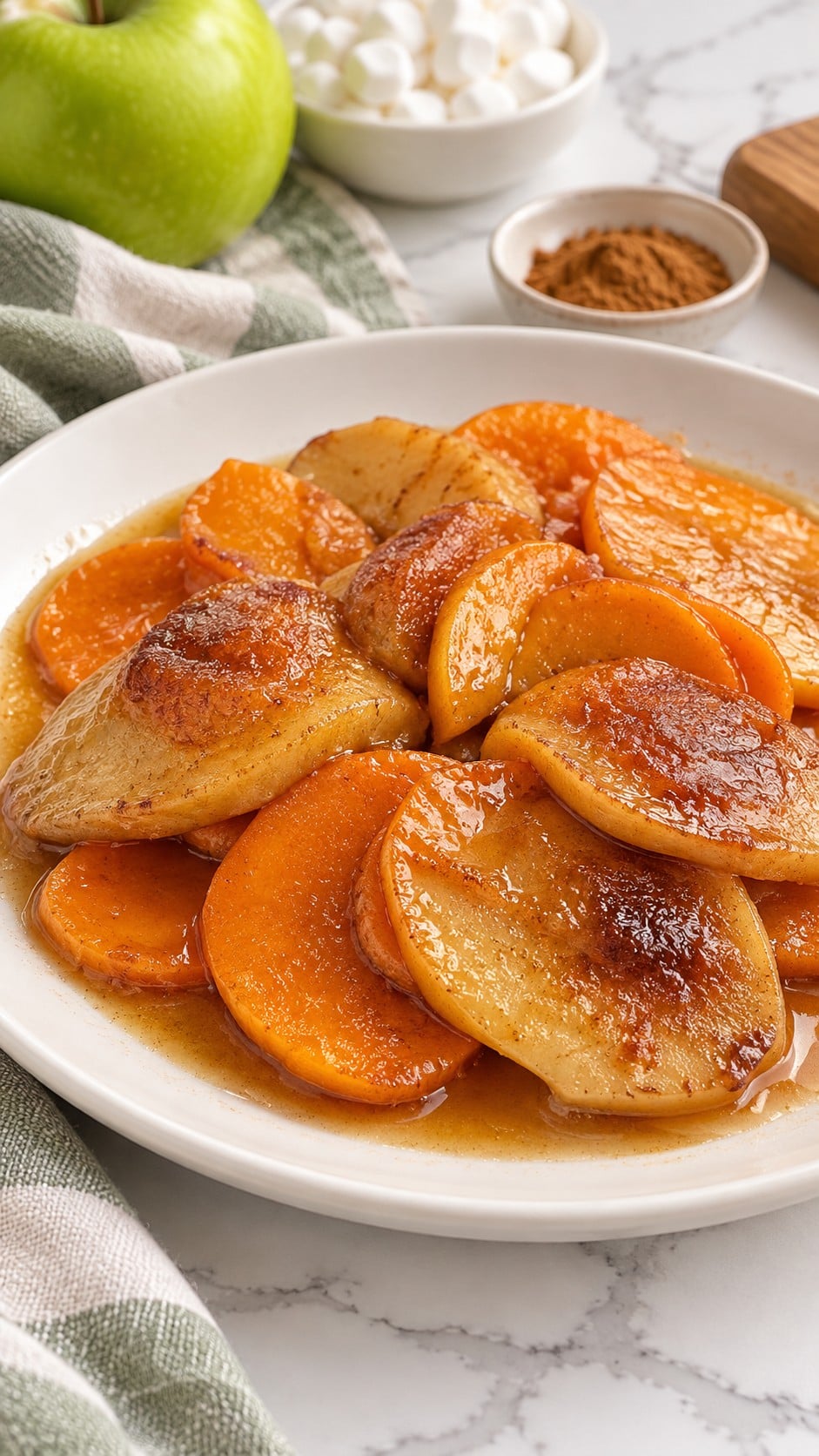 Close-up of tender sweet potato and apple slices with amber cinnamon sauce