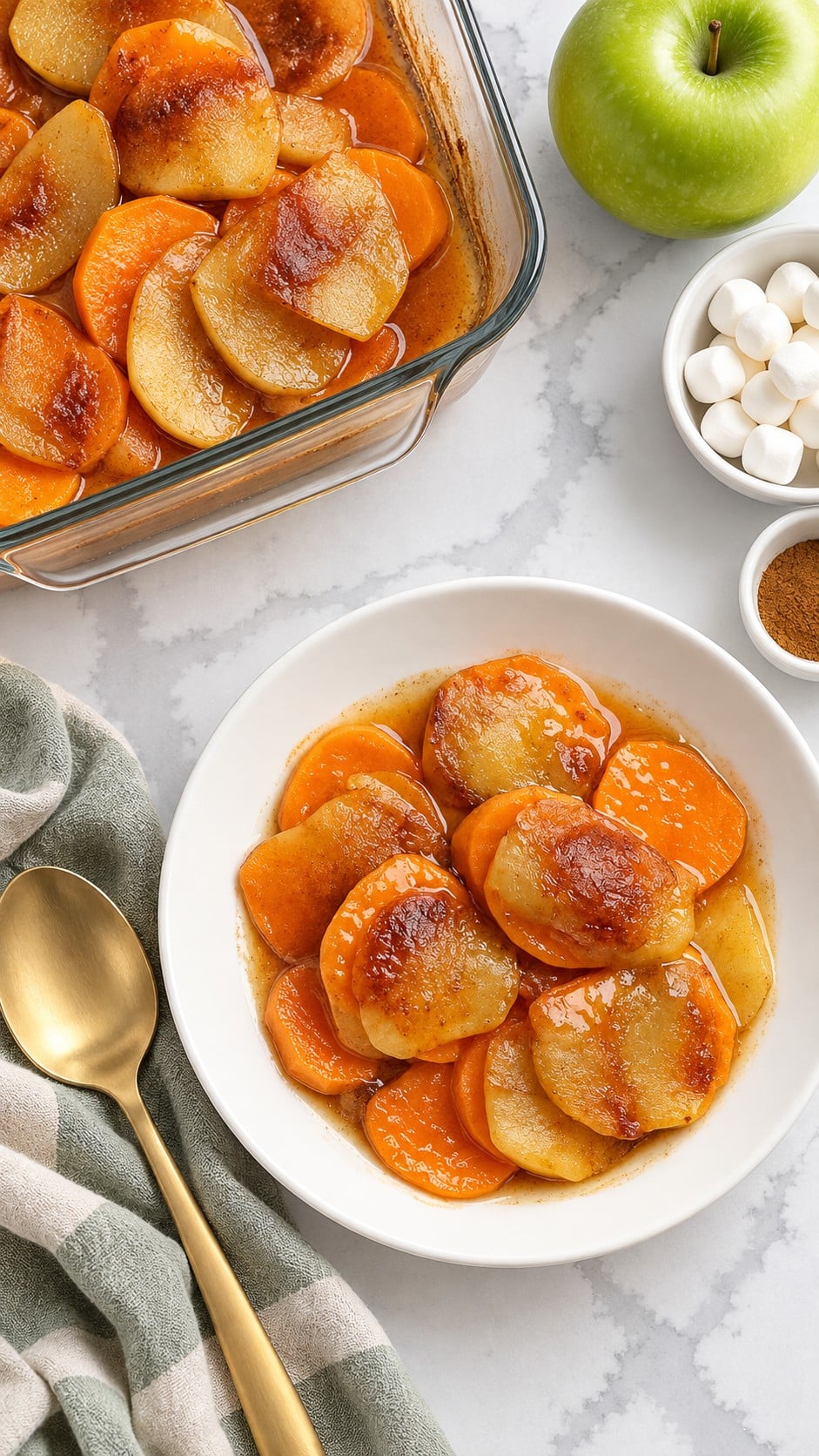 Sweet potato apple casserole in a glass dish with a serving in a white bowl