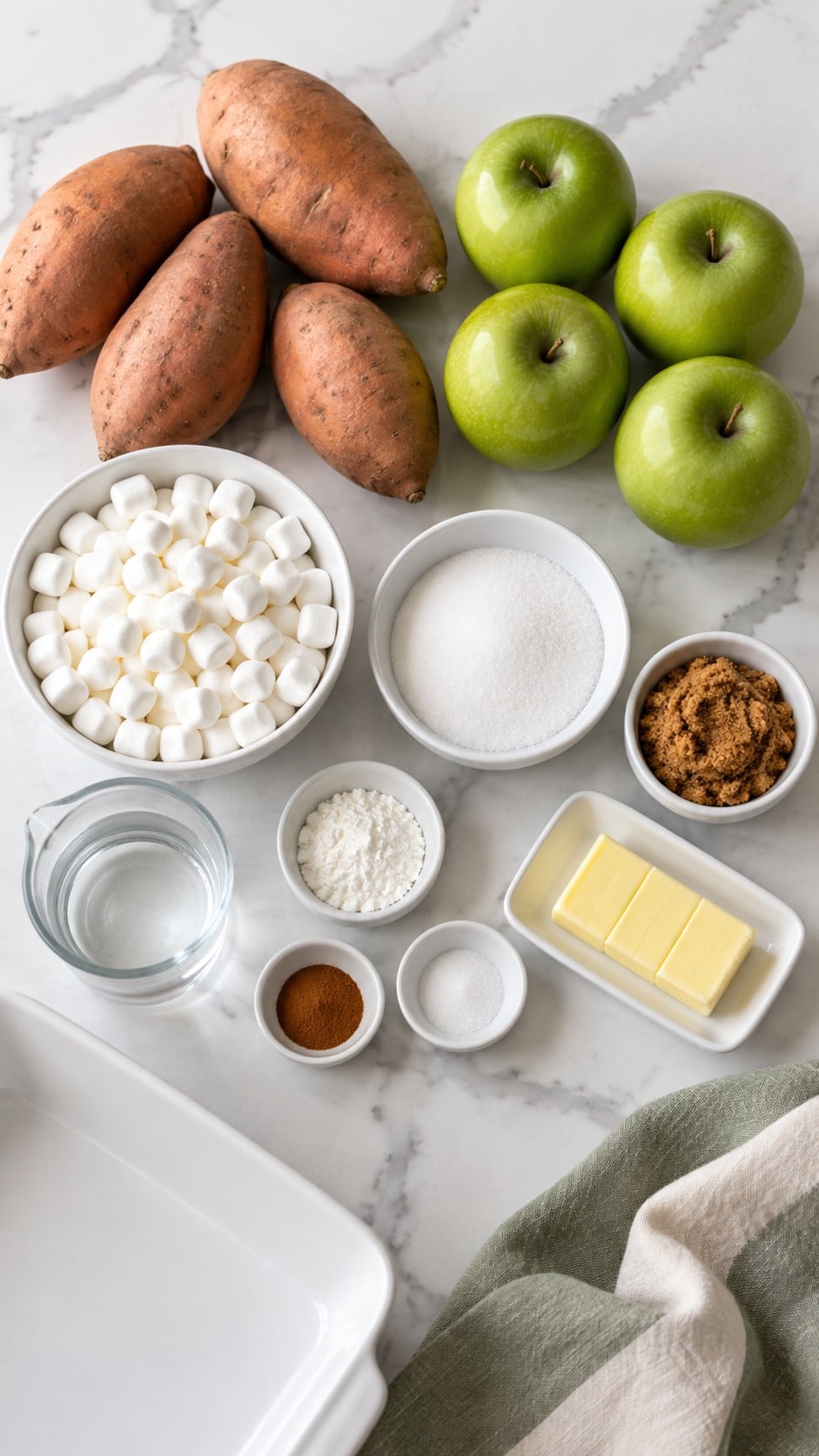 Sweet potatoes, Granny Smith apples, marshmallows, sugars, cinnamon, salt, cornstarch, water, and butter
