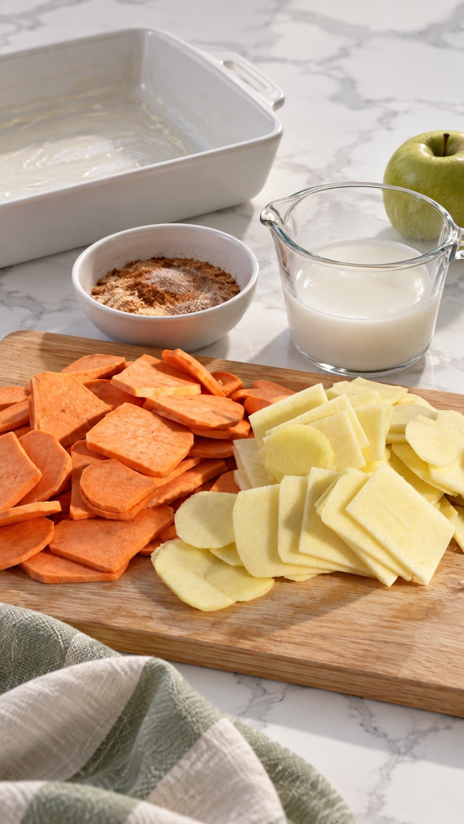 Thinly sliced raw sweet potatoes and peeled apples beside the sugar mixture and smooth cornstarch slurry