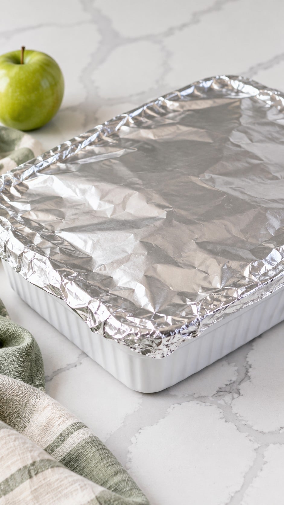 White baking dish covered tightly with foil for baking