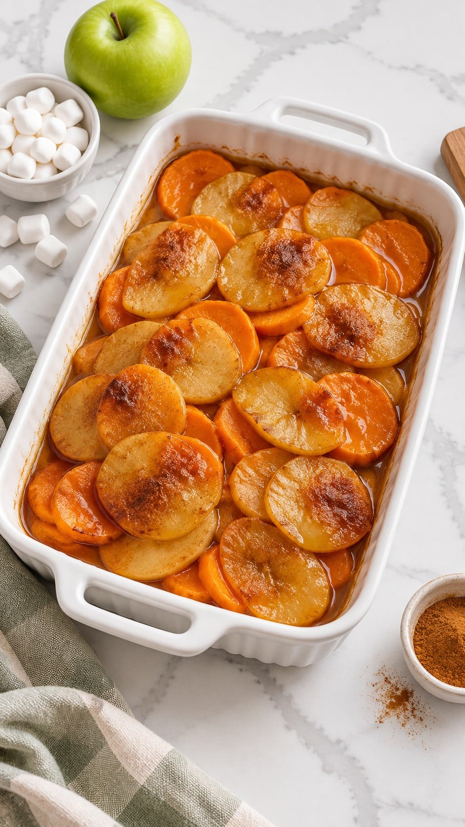 Baked sweet potato and apple slices resting in cinnamon-butter juices in the baking dish