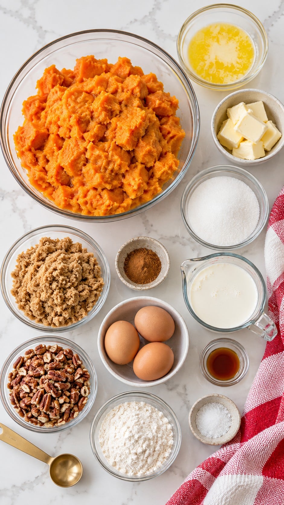 Ingredients arranged for sweet potato filling and pecan praline streusel