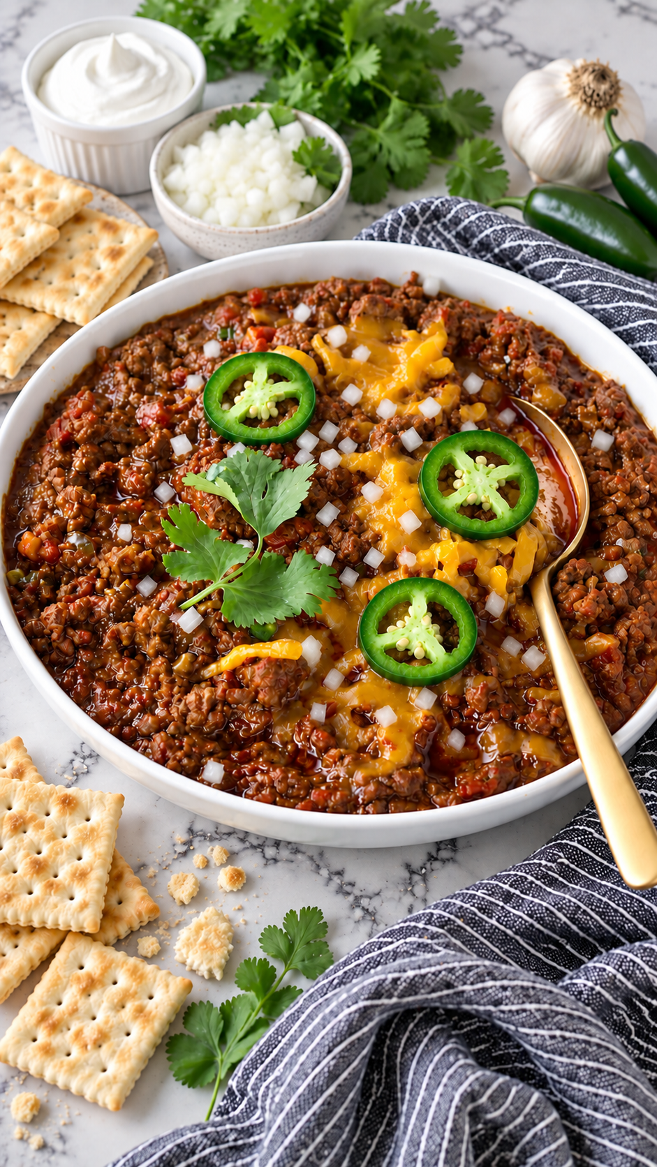 A bowl of Texas chili served with crackers, chopped onion and sour cream alongside.