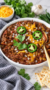 Texas chili con carne topped with cheddar, jalapeño slices, finely diced white onion and cilantro in a white bowl.