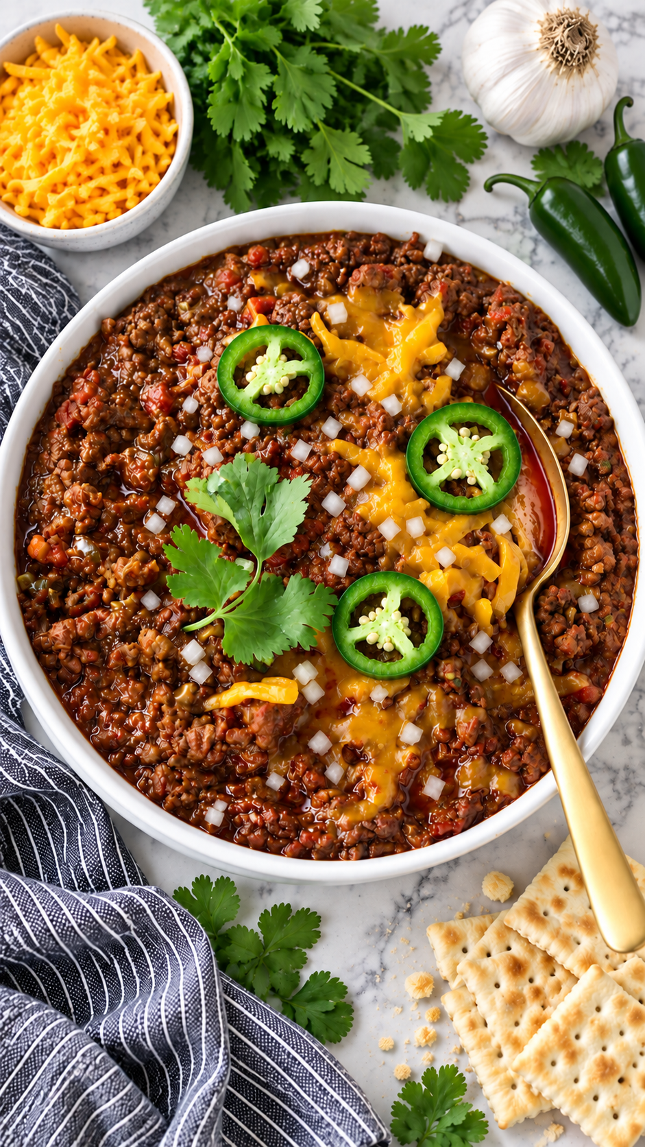 Elevated view of no-bean Texas chili with cheddar, separated jalapeño slices and diced white onion.