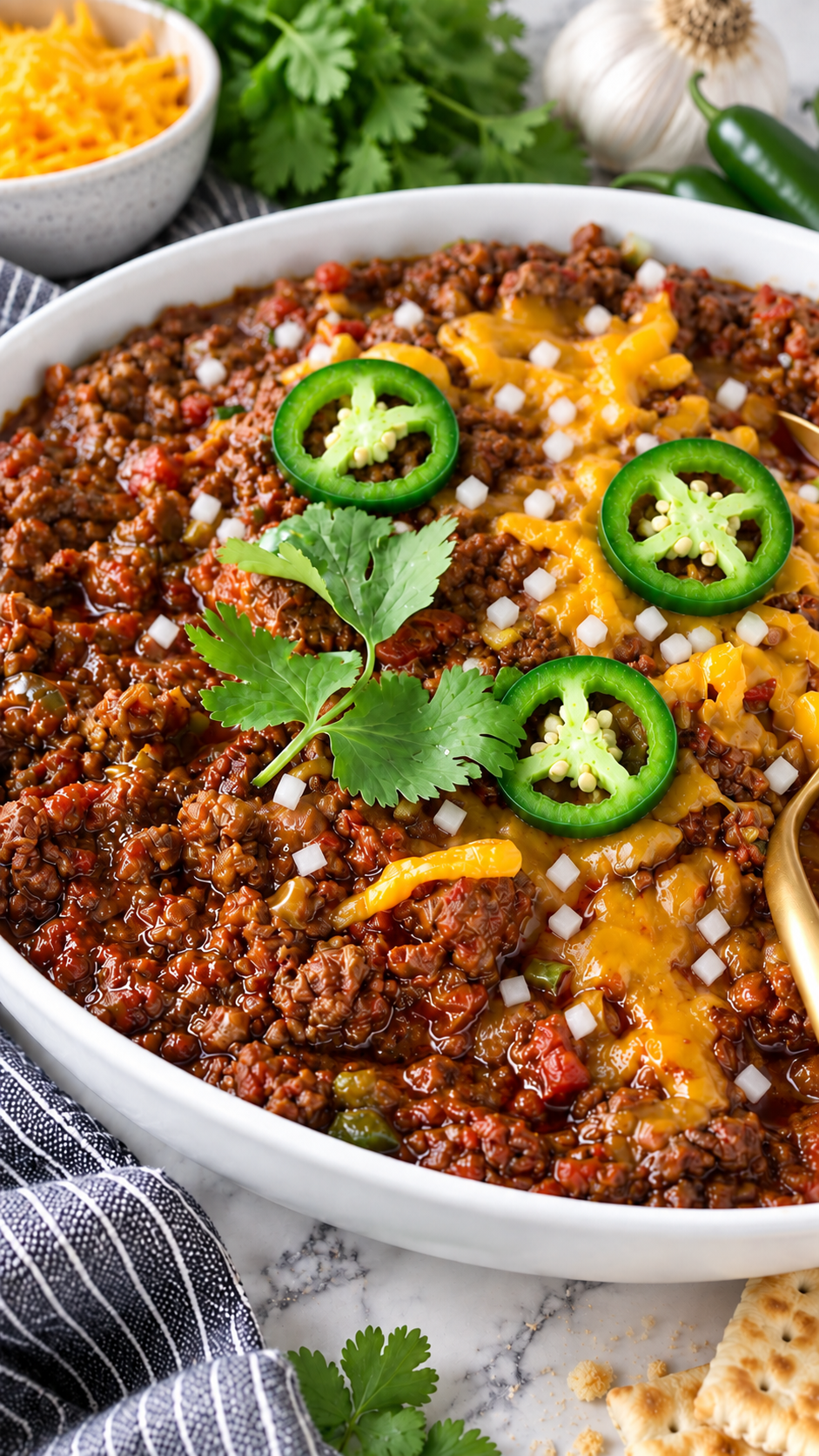Close view of thick beef chili garnished with melted cheddar, jalapeño slices, white onion and cilantro.