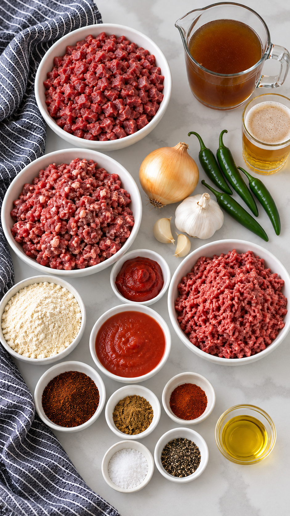Three beef textures with masa harina, onion, garlic, peppers, spices, tomato paste, sauce, beer and broth.