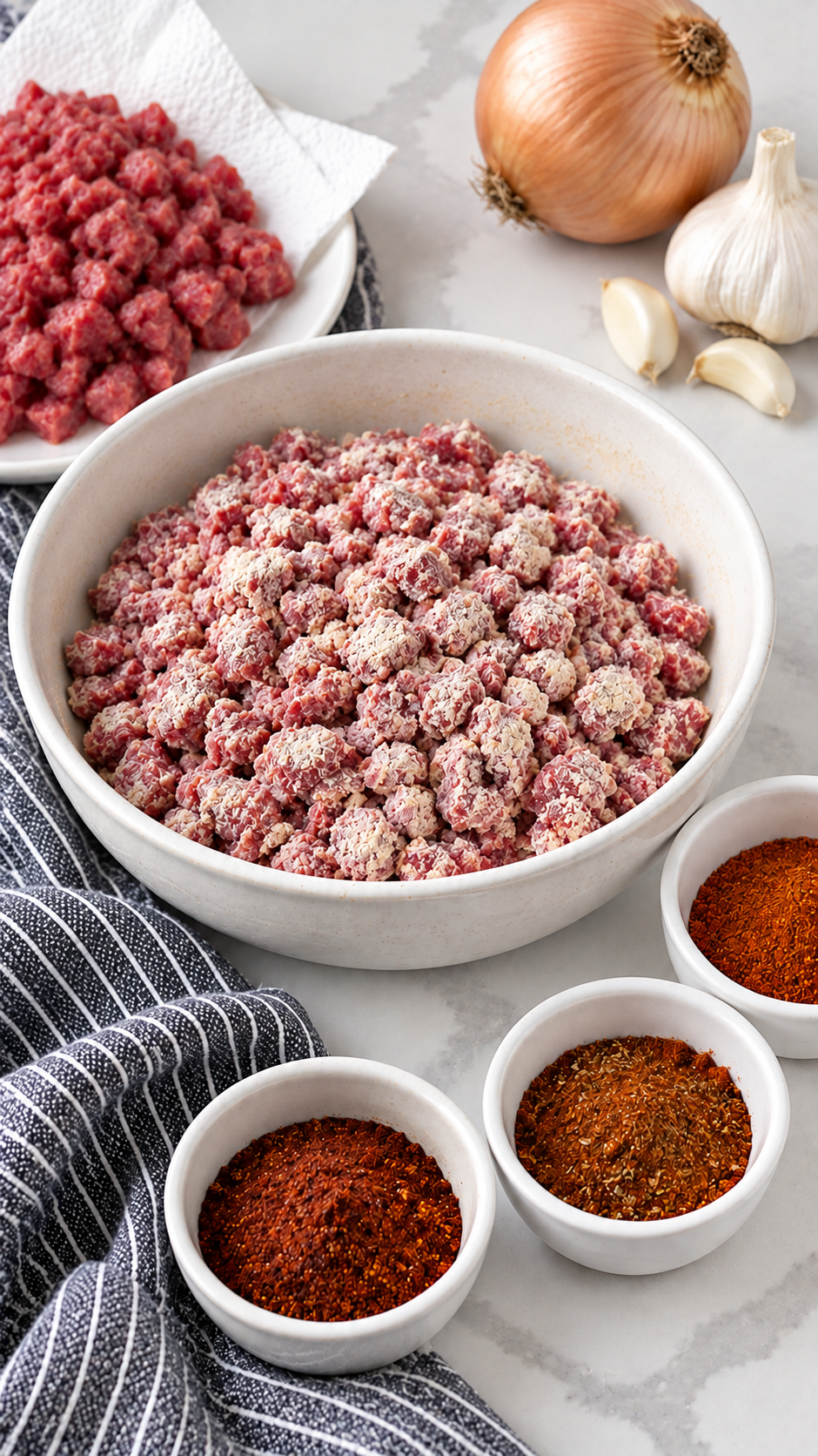 Diced beef coated with masa harina beside three bowls of chili seasoning.