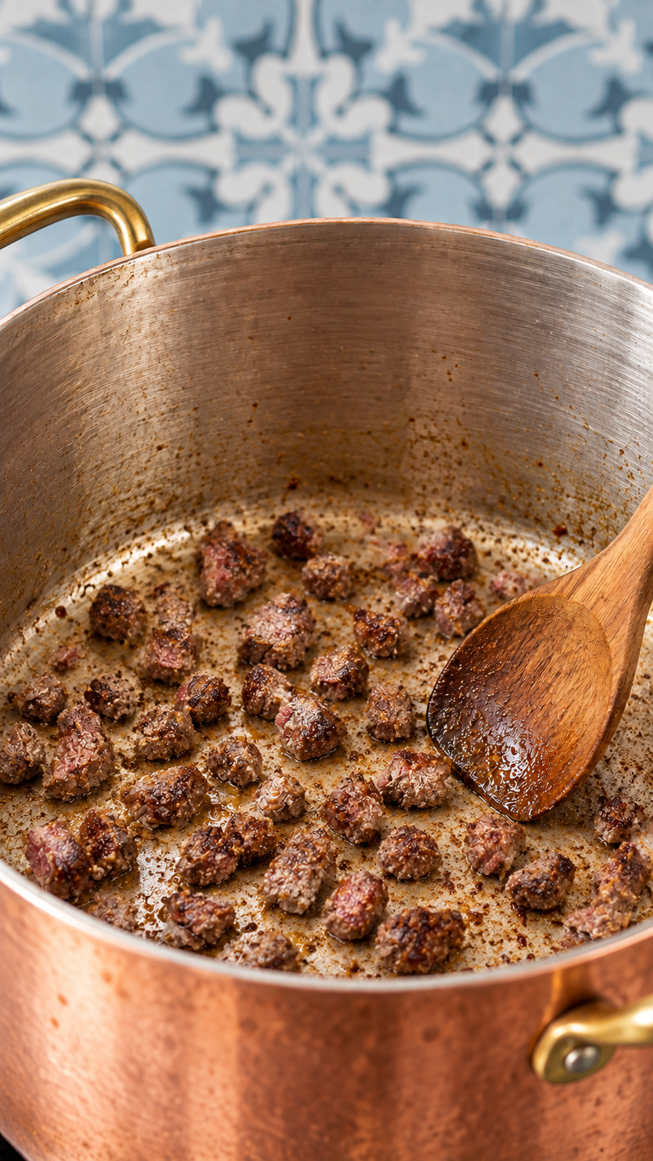 Masa-coated beef browning in a small batch in a heavy stockpot.