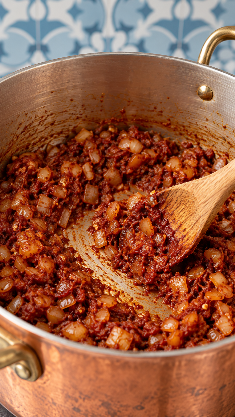 Softened onion and garlic coated with tomato paste in the stockpot.
