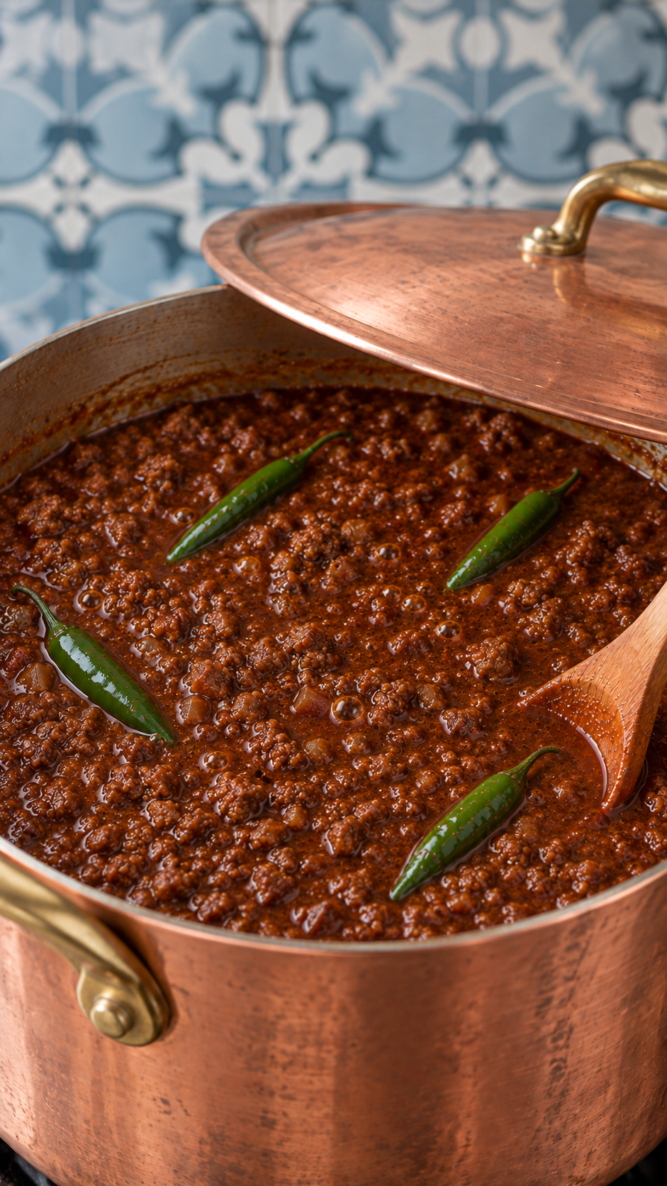 Beef chili simmering with four whole serrano chiles under a partially covered lid.