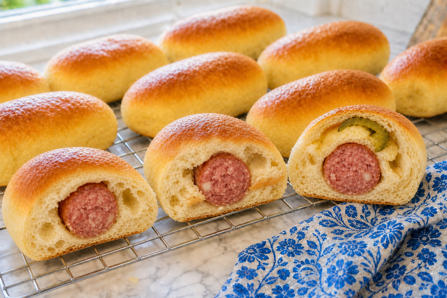 Homemade oblong Texas sausage kolaches arranged on a serving platter