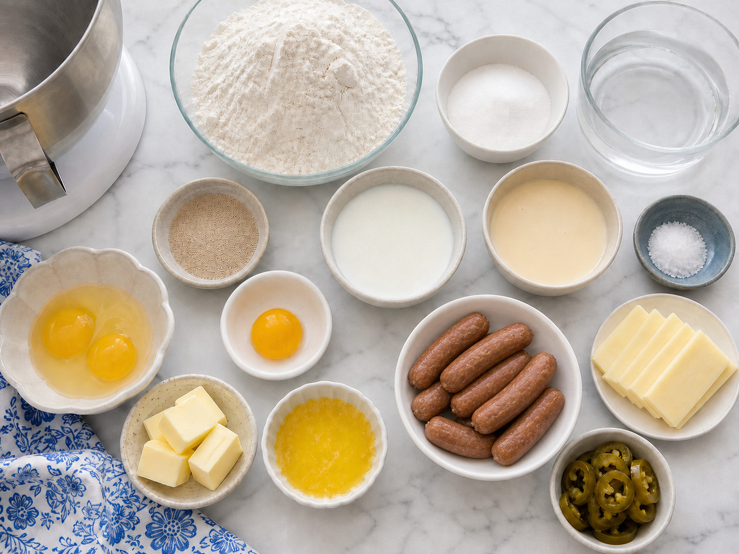 Ingredients for Texas sausage kolaches including flour, milk, butter, eggs, smoked sausage, cheese, and jalapeños
