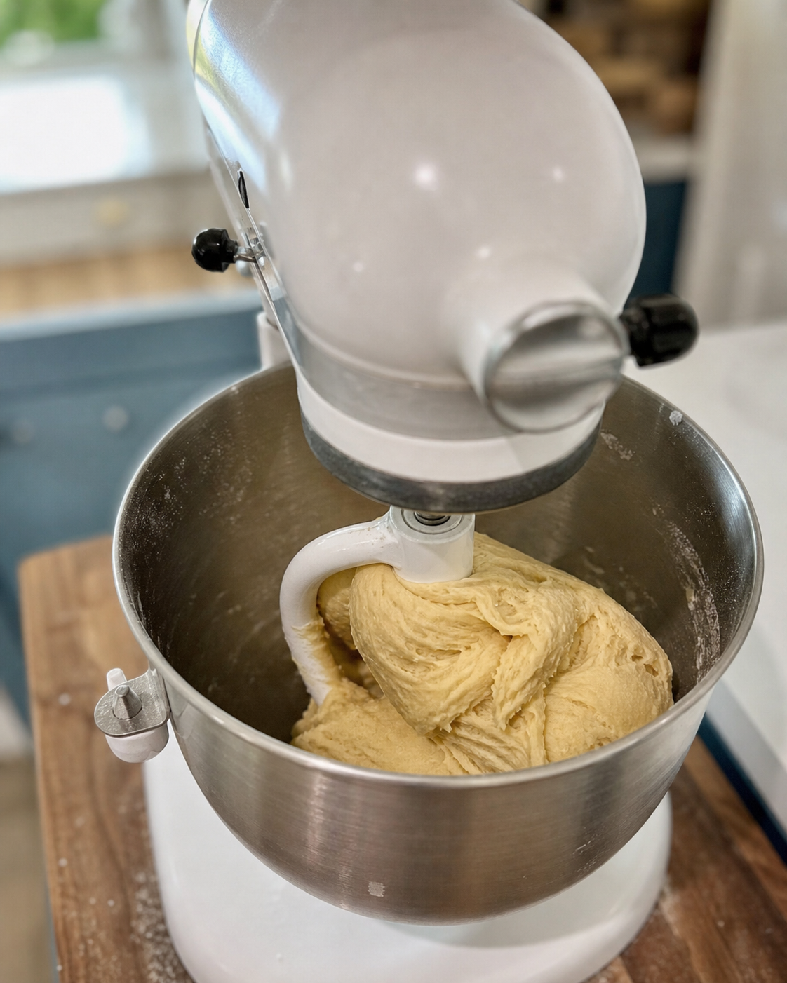 Soft enriched kolache dough mixing in a stand mixer bowl