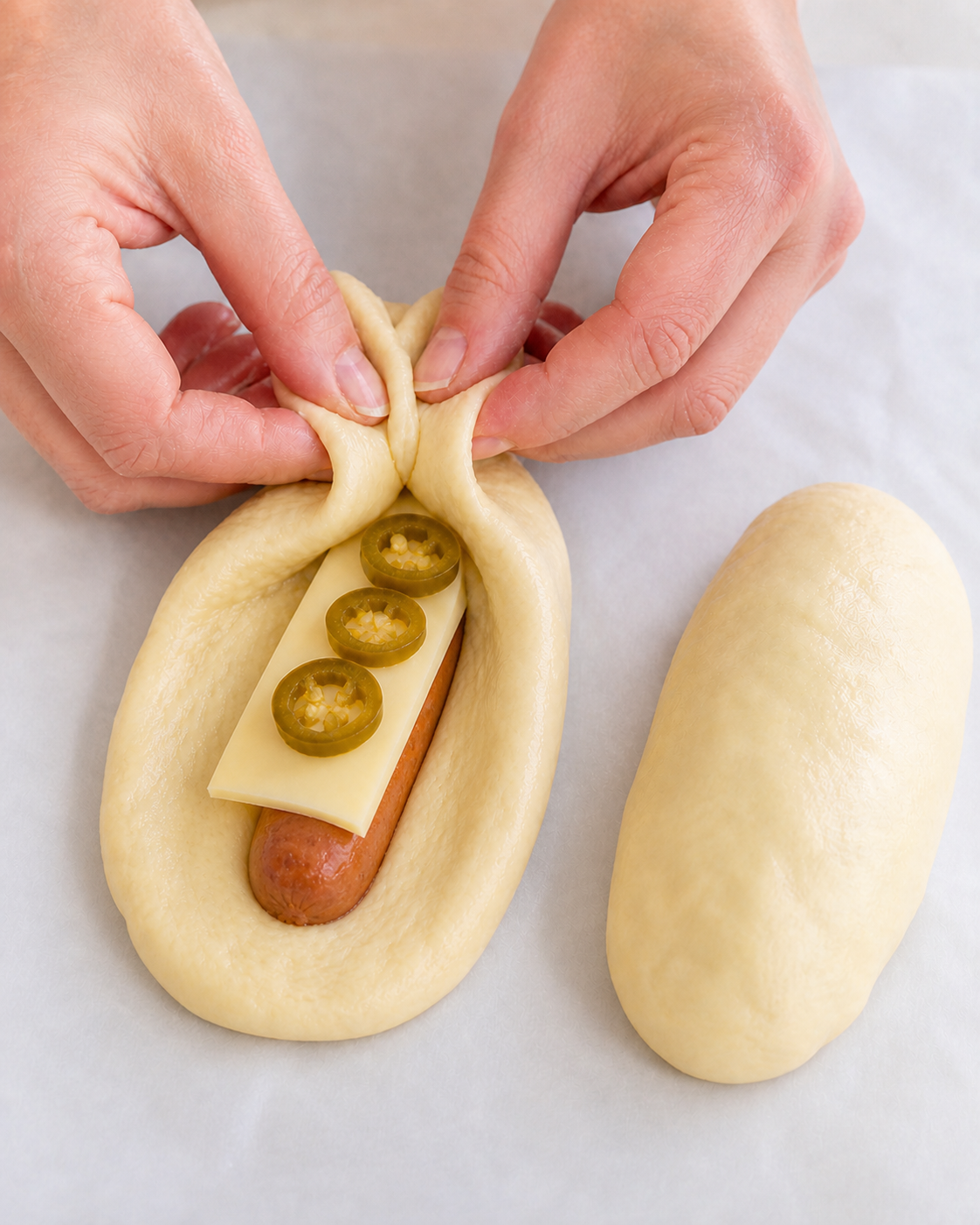 A medium-thin smoked sausage link being wrapped in an oblong piece of kolache dough