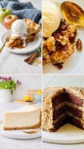 Collage of apple pie with ice cream, pecan pie cobbler, classic cheesecake, and German chocolate cake.
