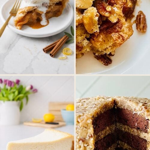 Collage of apple pie with ice cream, pecan pie cobbler, classic cheesecake, and German chocolate cake.