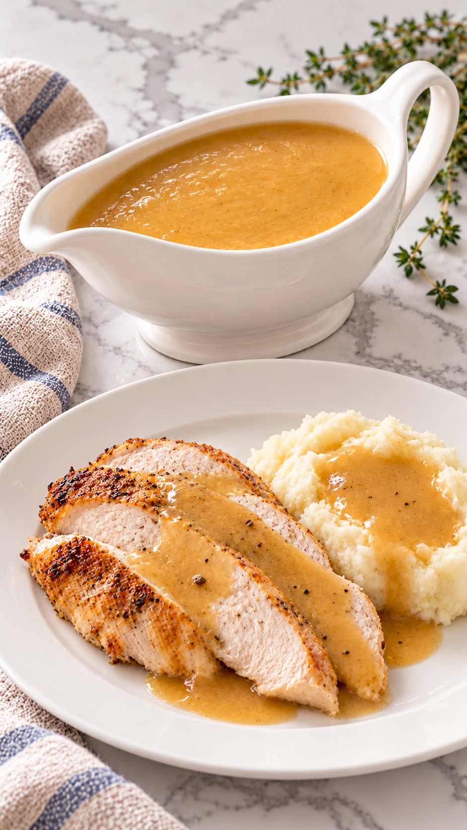 Turkey gravy served with sliced roast turkey and mashed potatoes