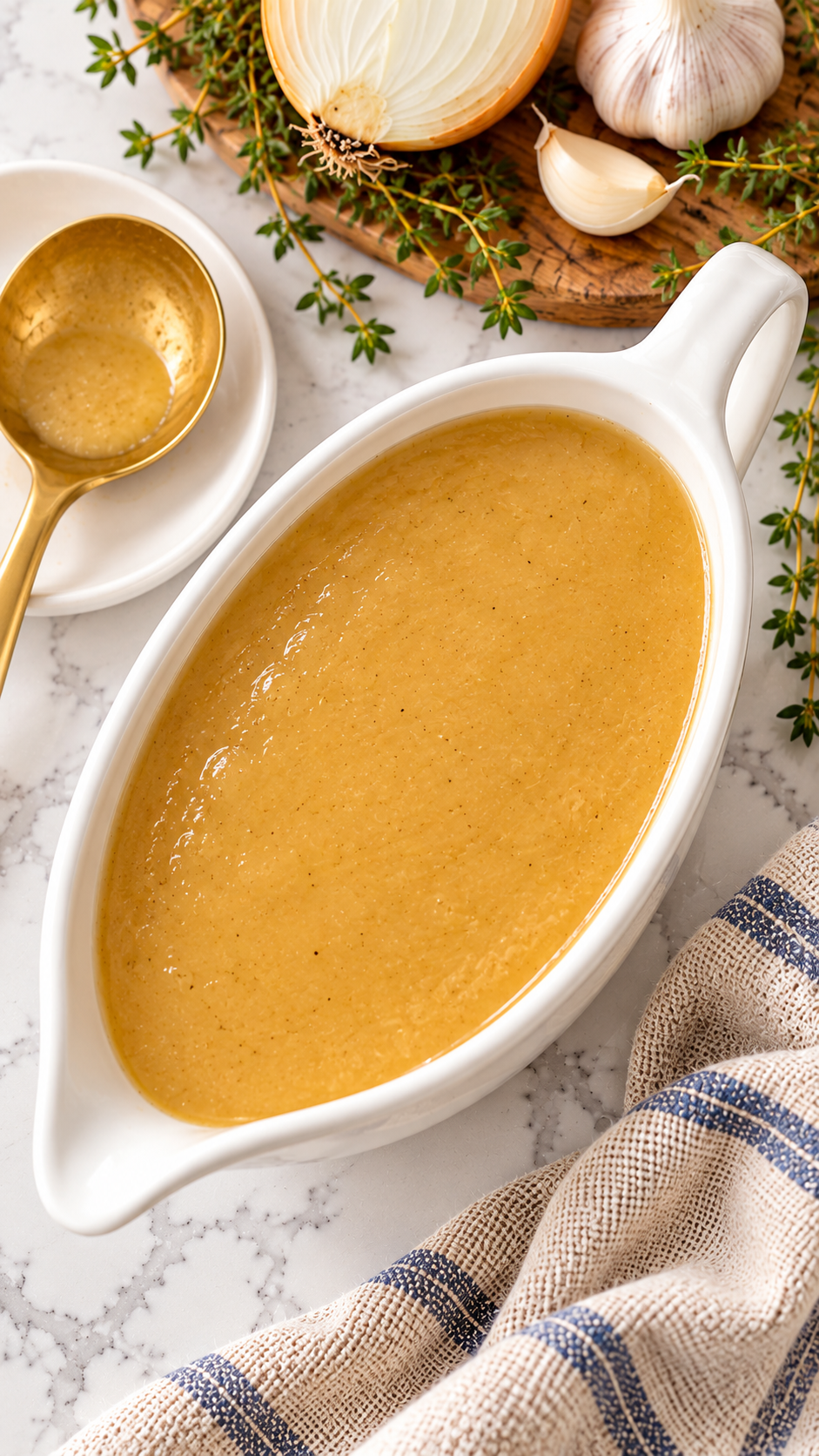 Overhead view of smooth golden turkey gravy