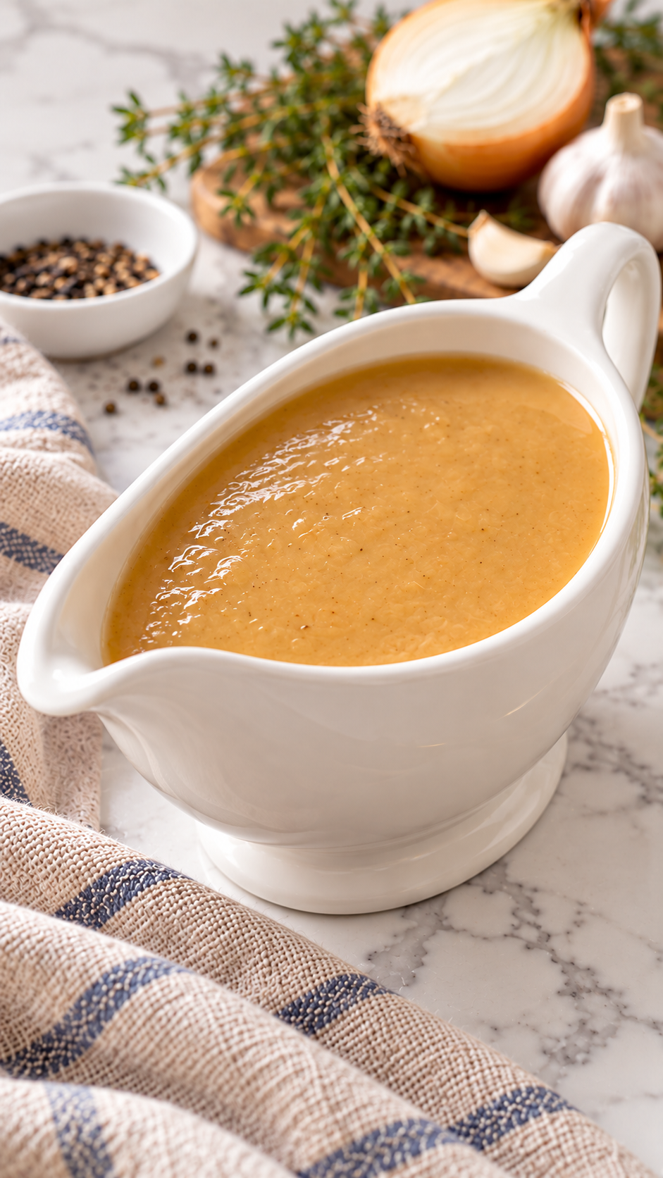 Close view of silky gravy made with turkey drippings