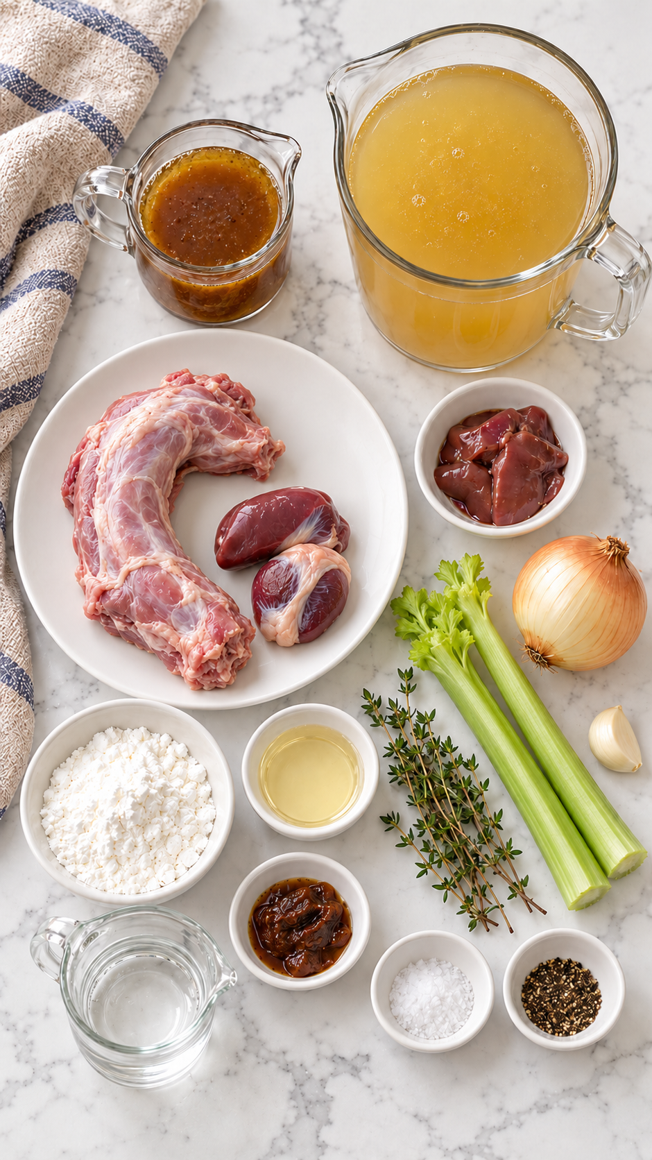 Turkey neck, giblets, broth, drippings, vegetables, thyme and cornstarch for gravy