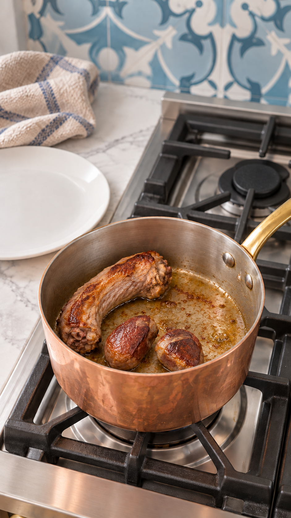 Turkey neck, heart and gizzard browning in a copper saucepan