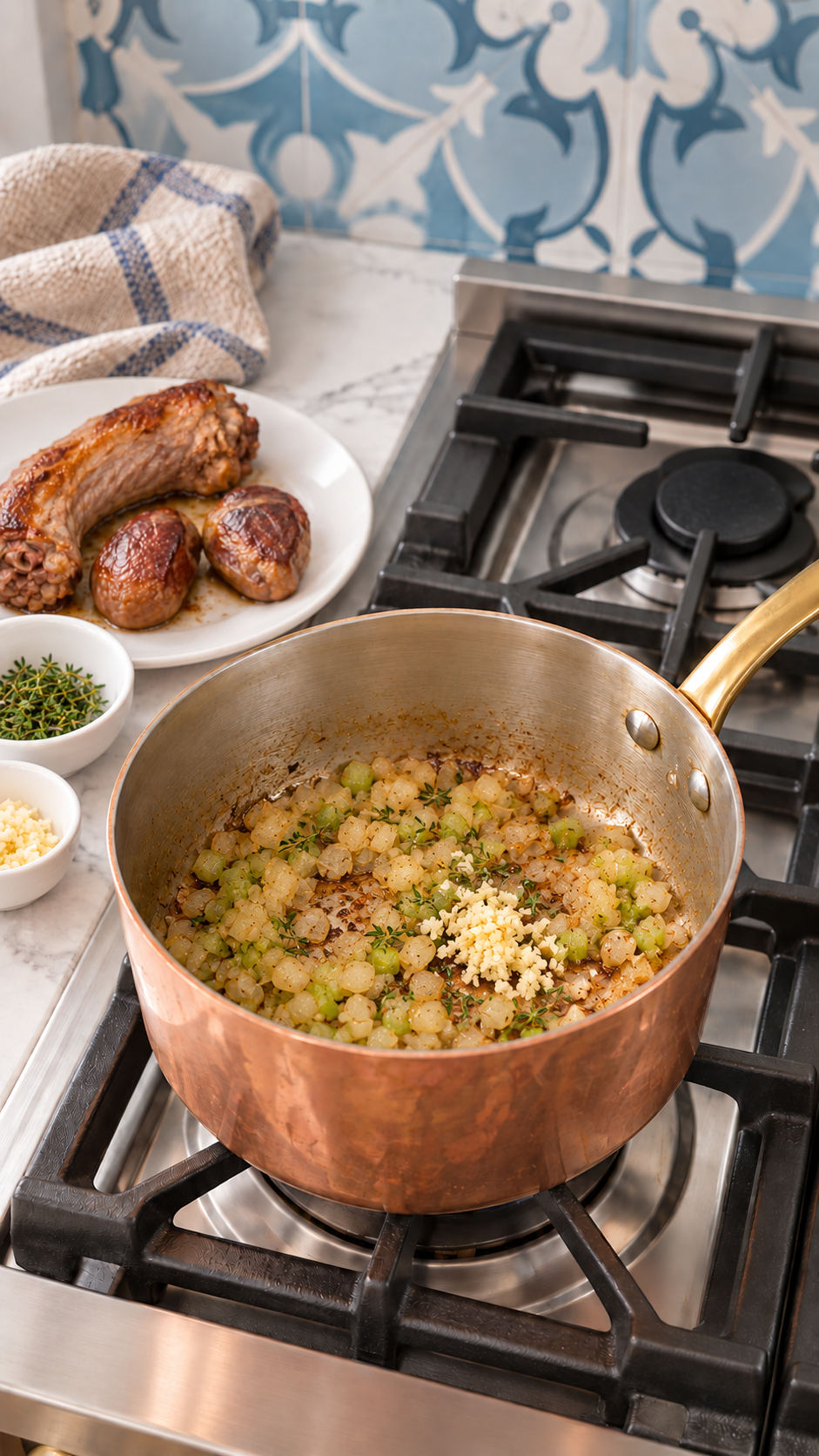 Softened onion and celery with minced garlic and thyme