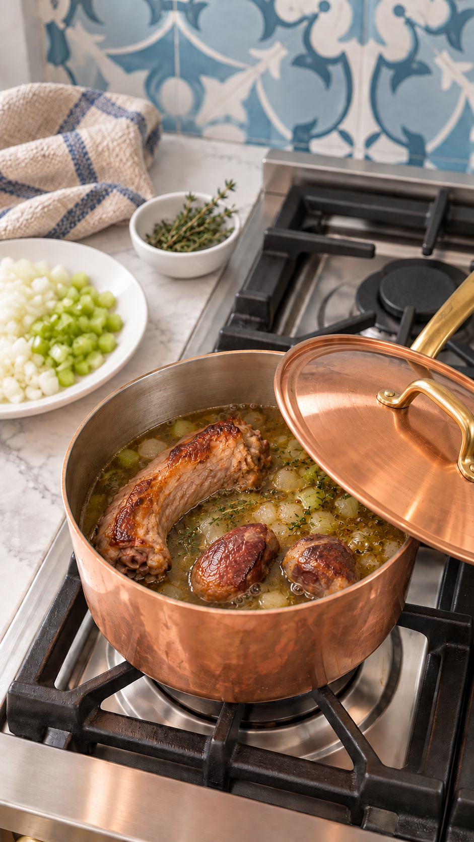 Turkey neck and giblets simmering in broth under a partially open lid