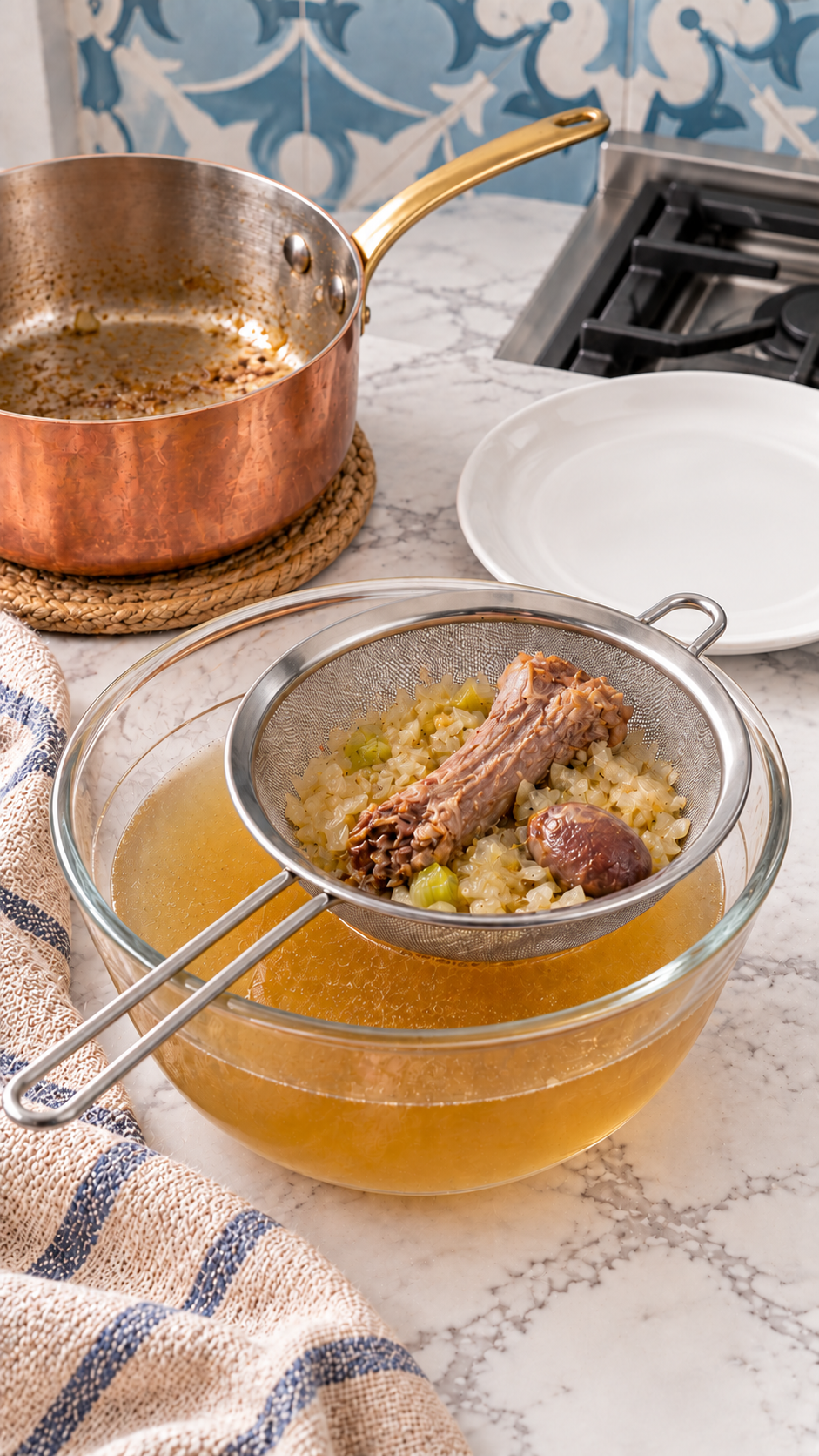 Giblet broth strained through a fine-mesh sieve into a heatproof bowl