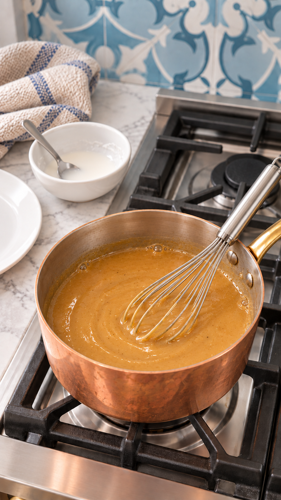 Whisk resting in thickened turkey gravy beside a bowl of cornstarch slurry