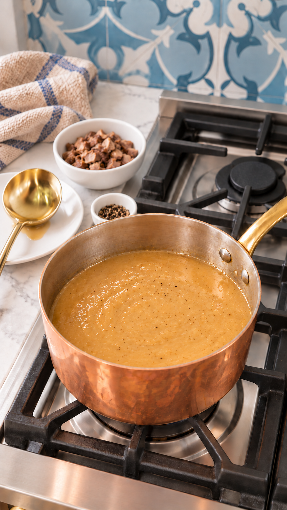 Finished turkey gravy with chopped giblets reserved for optional stirring in