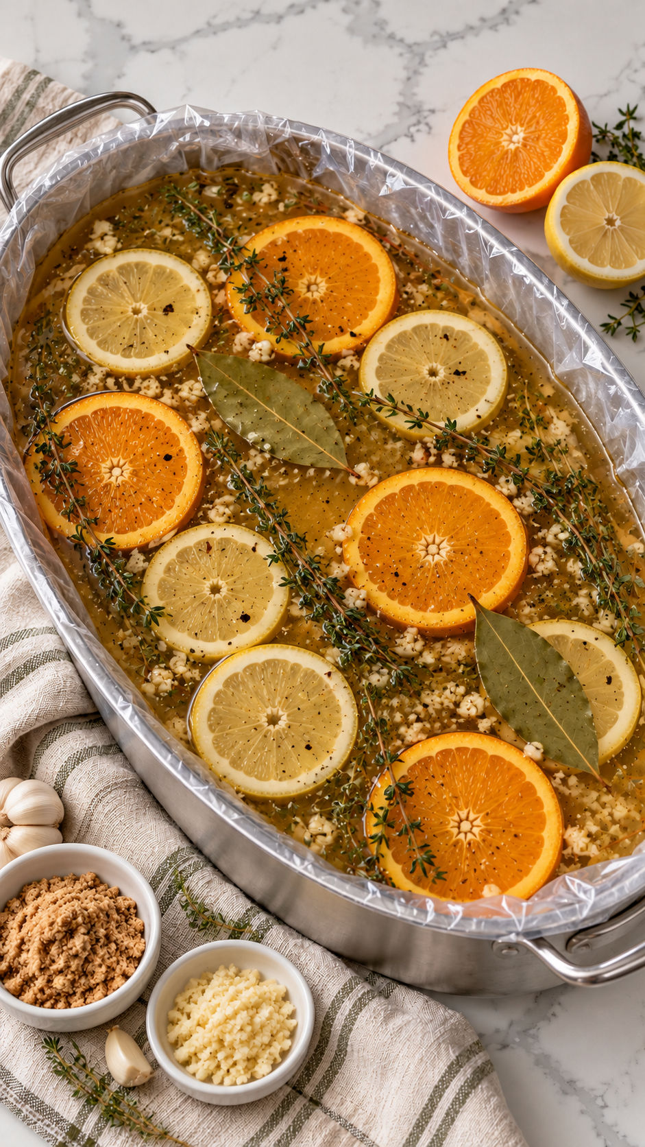 Prepared orange and lemon turkey brine ready for a whole turkey