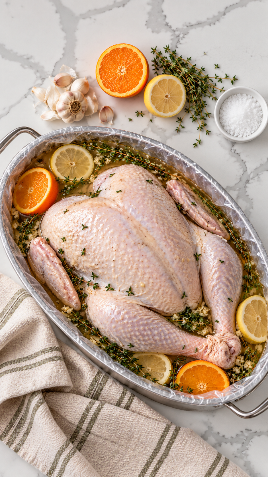 Overhead view of raw turkey with orange and lemon slices in a lined oval brining vessel