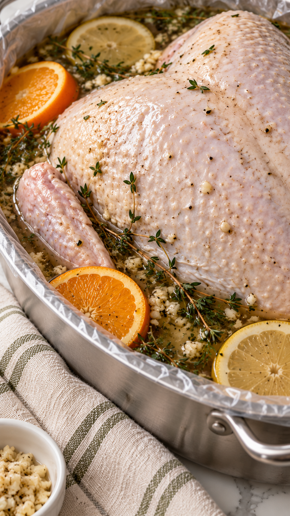 Close view of raw turkey skin with thyme, minced garlic and citrus brine