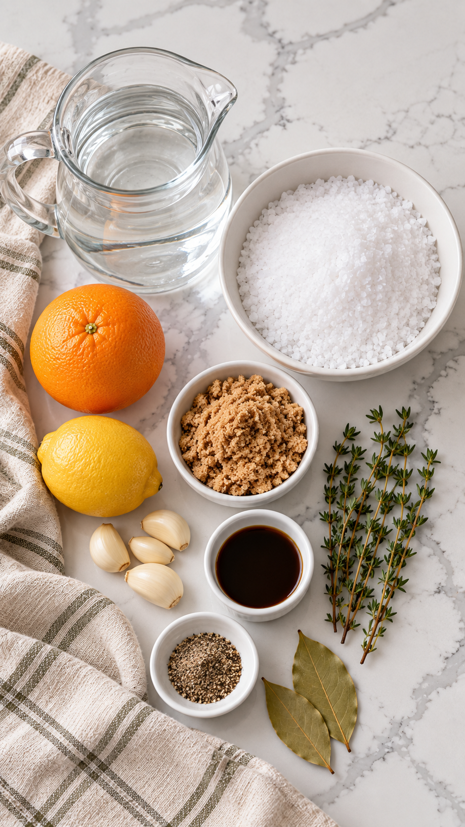 Water, kosher salt, brown sugar, Worcestershire sauce, garlic, orange, lemon, thyme, ground pepper and bay leaves
