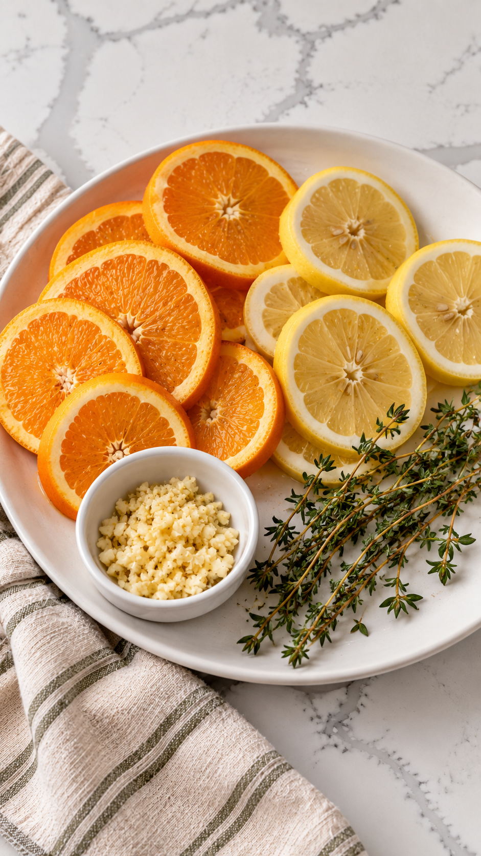 Orange and lemon rounds, minced garlic and thyme prepared for turkey brine